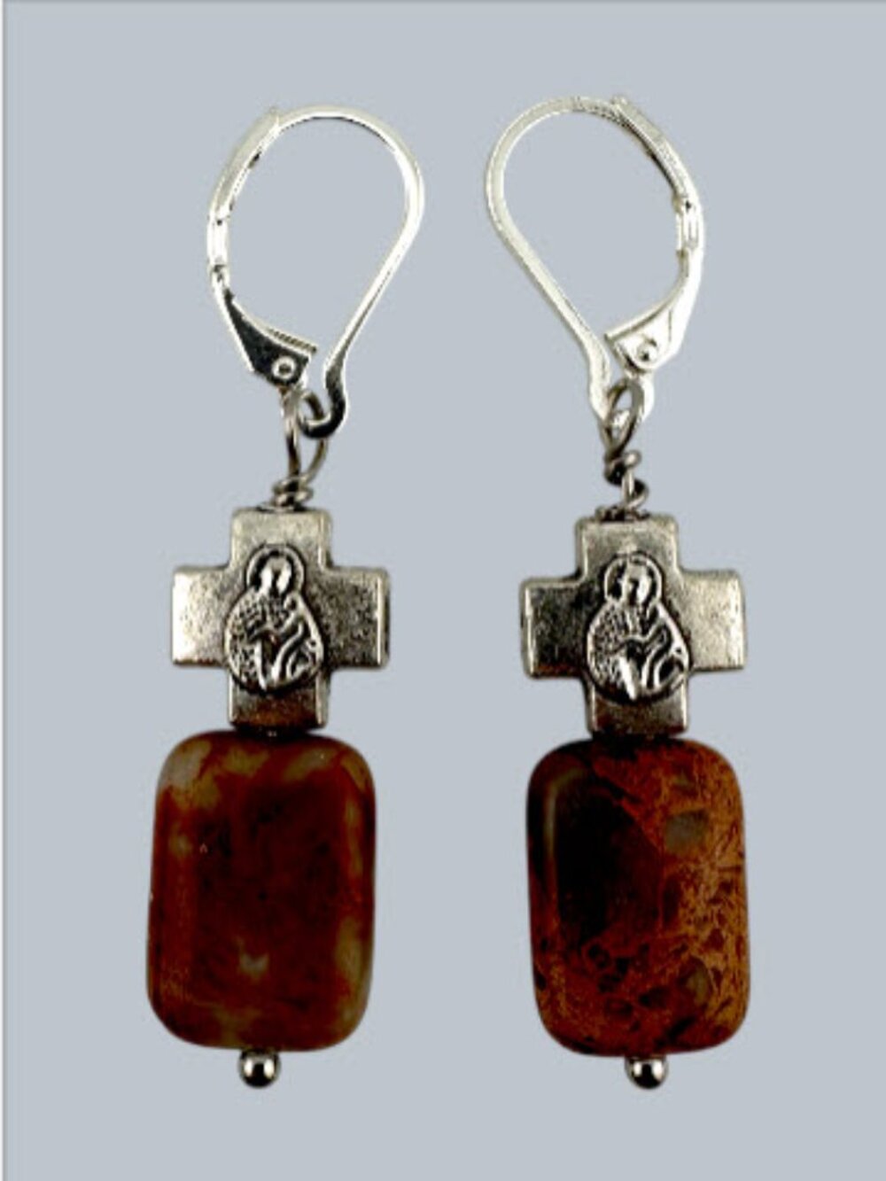 Blue Opal Jasper Cross Earrings Mother Child Silver Filled Leverbacks - Picture 3 of 12